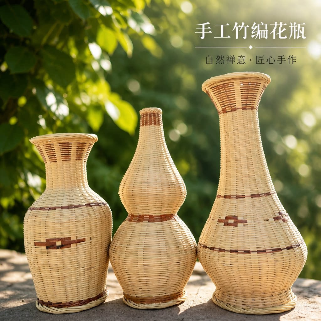 手工竹制品竹编插花瓶 小竹筐装饰竹演出道具收纳筐桌面摆设