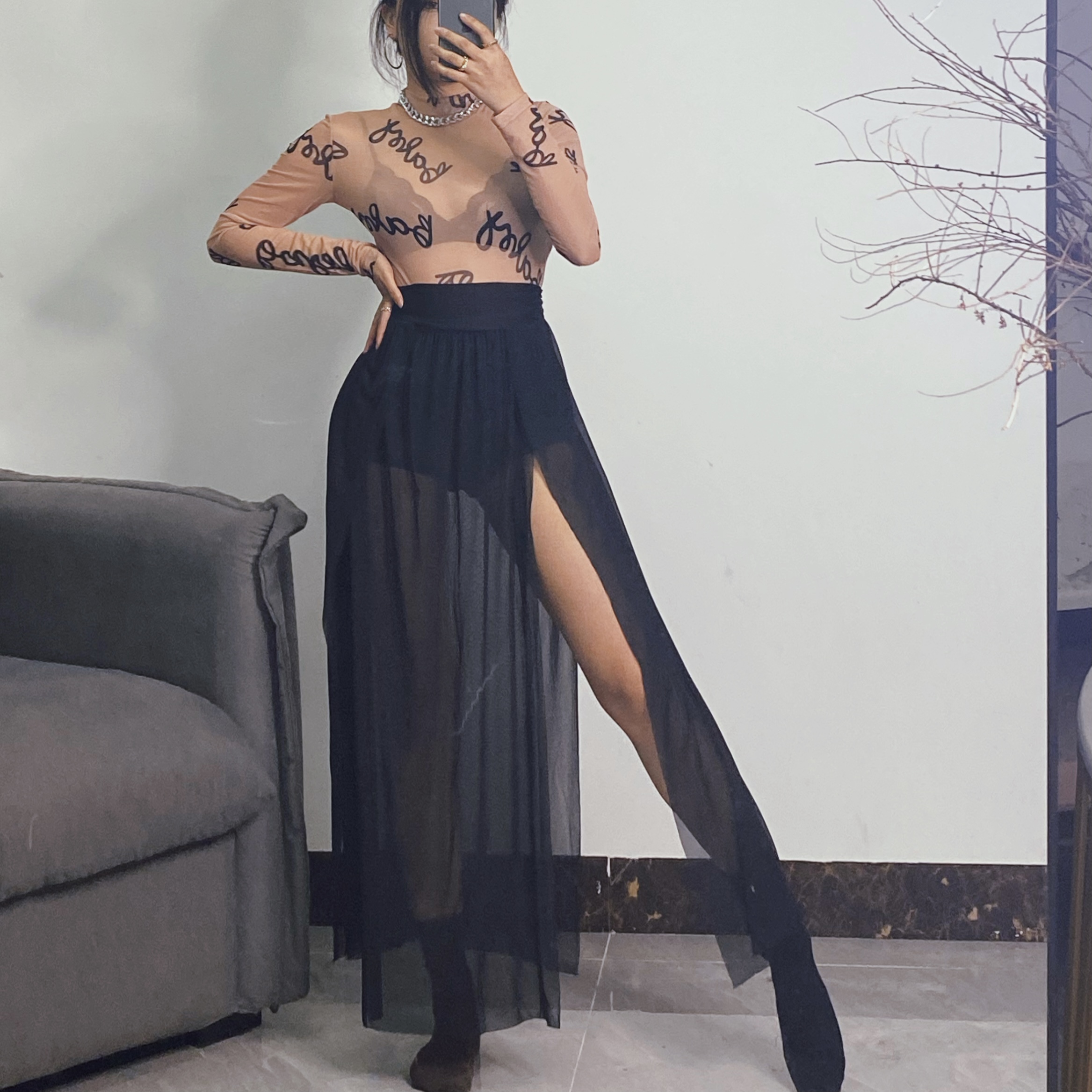 欧美纱裙性感舞台半身开衩透视