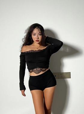 1996 性感蕾丝弹力短款爵士舞露脐女长袖设计感拼接褶皱heels上衣