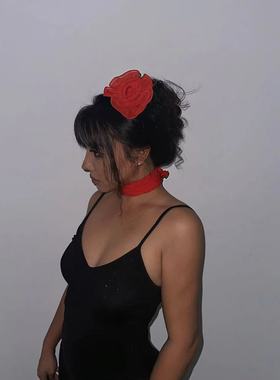 1996 爵士舞现代舞国风红色头饰夸张玫瑰花装饰灯笼花舞台围巾