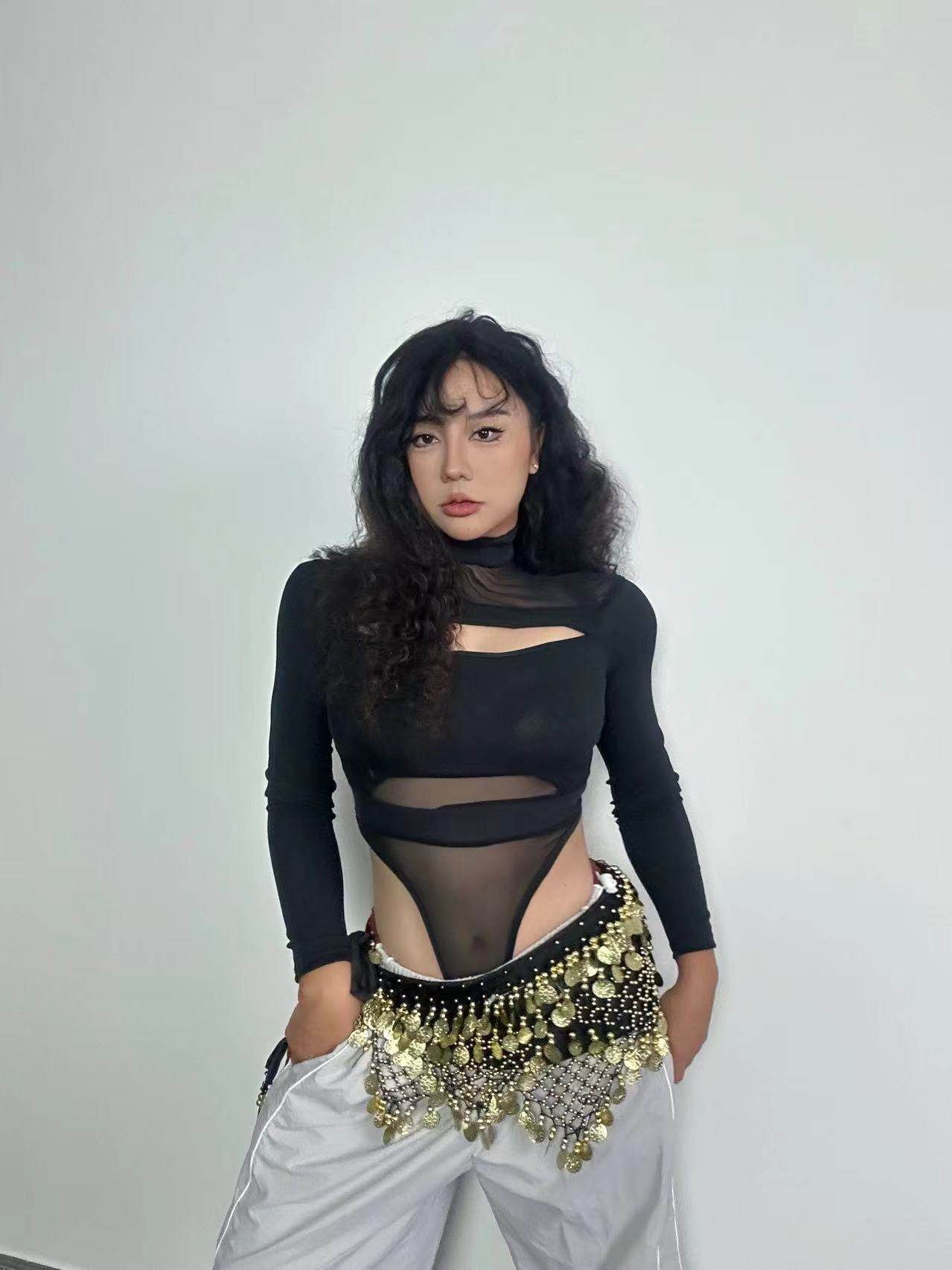 1996 网纱长袖连体衣专业Heels舞蹈服装演出服上衣T恤性感钢管舞