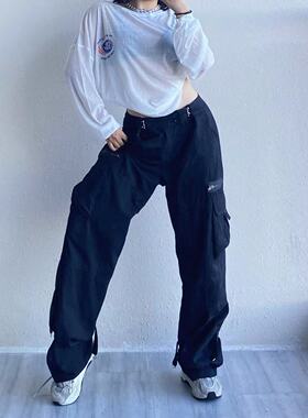 1996欧美街头hippop跳舞裤子辣妹直筒显瘦高腰黑色嘻哈宽松工装裤