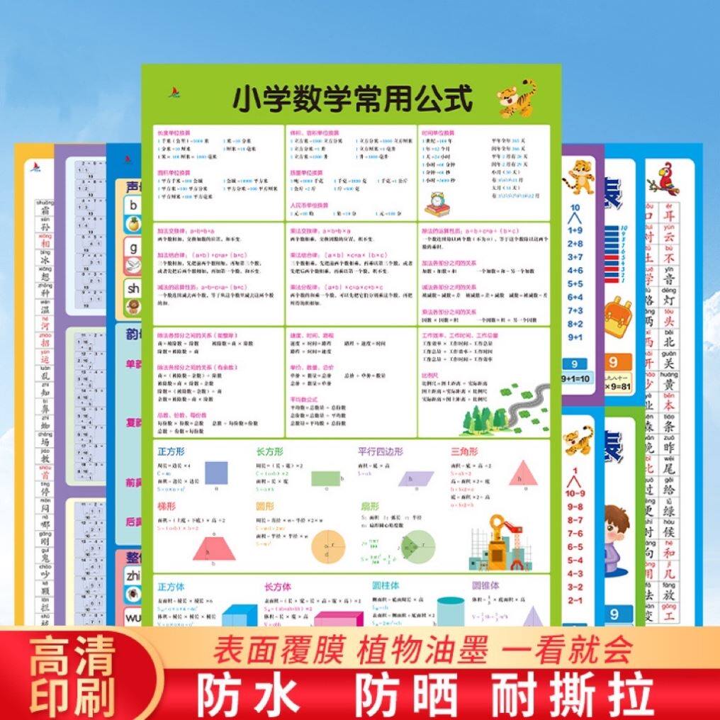 沛立百货生活馆儿童学习挂图全套拼音字母乘除加减口诀表7张全套