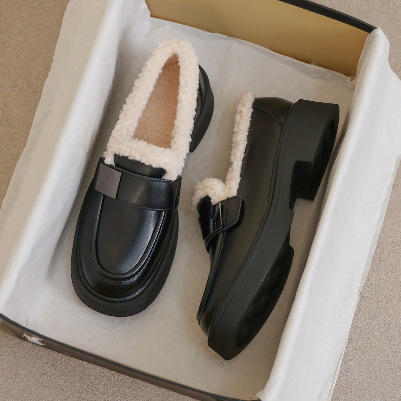 英伦毛毛鞋2025秋冬圆头厚底乐福鞋加绒豆豆新款软底时尚棉鞋单鞋