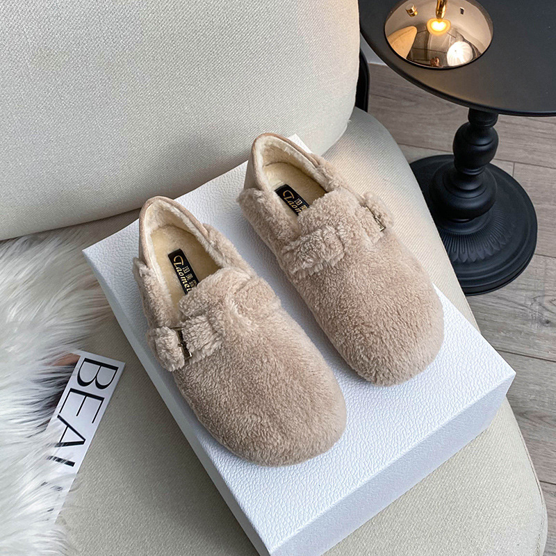 法式毛毛鞋2025平底仙女风秋冬新款加绒时尚圆头豆豆保暖休闲单鞋