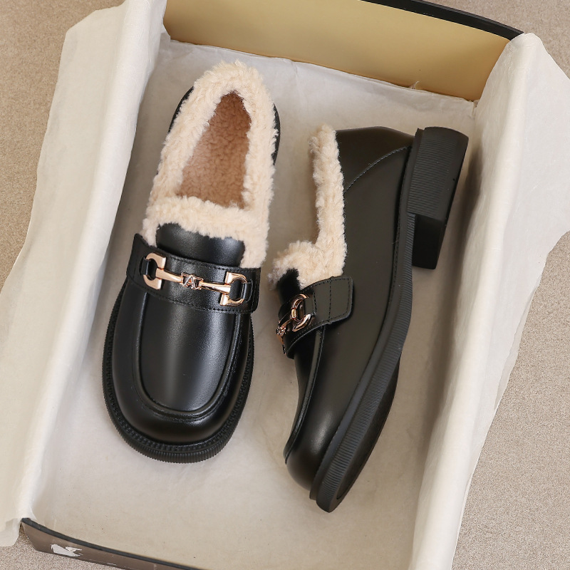 乐福鞋2025秋冬新款粗跟毛毛鞋加绒豆豆时尚棉鞋皮鞋软底保暖单鞋