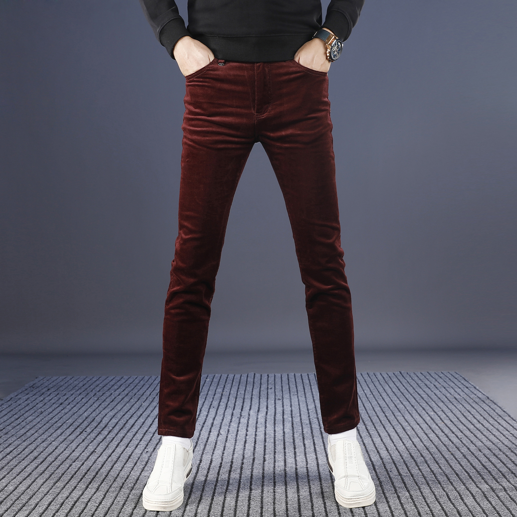 秋冬季安可拉红灯芯绒裤子男休闲裤2025新款修身小脚弹力男士裤子