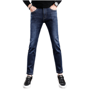 冬季加绒加厚九分牛仔裤男款修身小脚秋冬款弹力百搭男士裤子蓝色