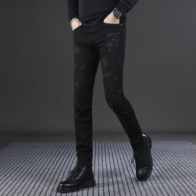 高端潮牌黑色刺绣牛仔裤男款修身小脚裤弹力2025新款男士裤子秋季