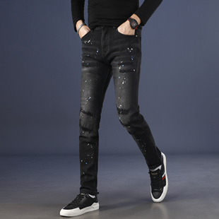 潮流痞帅男裤 黑色潮牌泼漆破洞牛仔裤 秋冬季 小脚2025新款 子 男修身