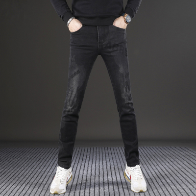高端黑色刺绣牛仔裤男款修身小脚2025新款秋冬季潮流弹力男士裤子