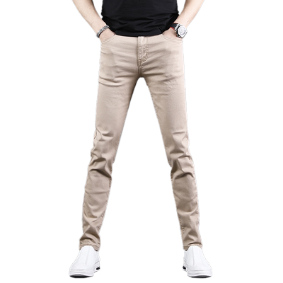 男士卡其色修身小脚牛仔裤秋冬