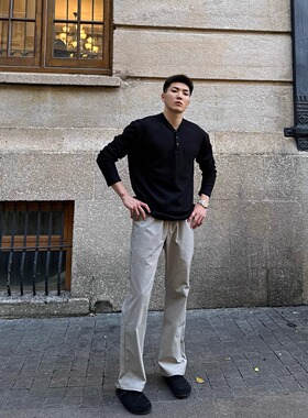 FOCABO美式老钱风亨利领华夫格长袖T恤基础百搭纯色硬汉简约上衣