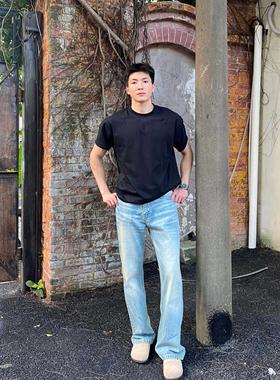 StrayLamb美式水洗奶油色雪花纹517cleanfit微喇高个子牛仔裤男