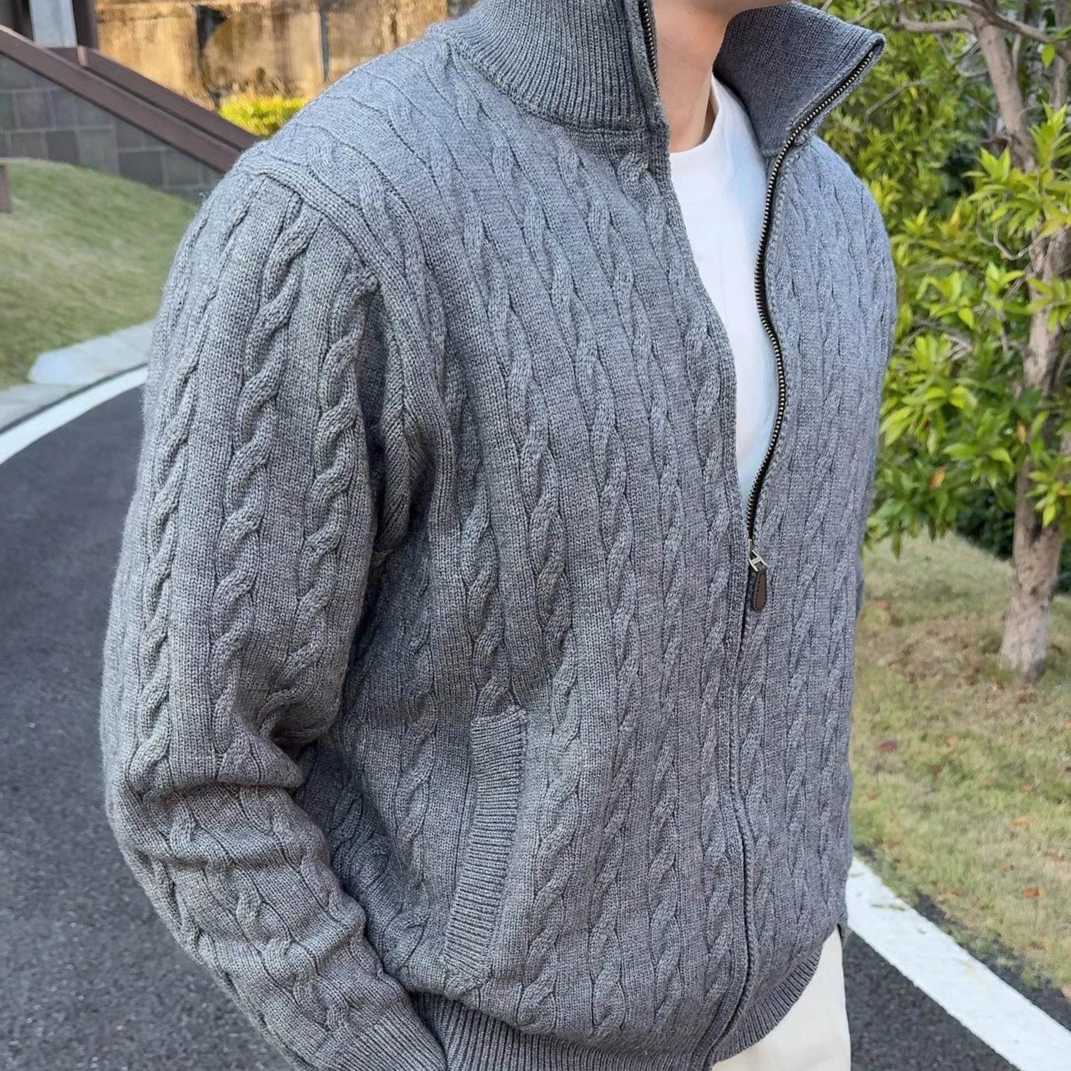 FOCABO美式老钱风3D浮雕立领麻花毛衣宽松显壮基础新贵长袖外套