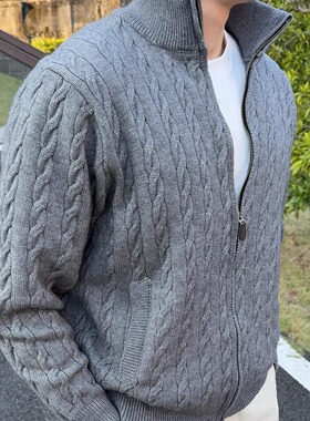 FOCABO美式老钱风3D浮雕立领麻花毛衣宽松显壮基础新贵长袖外套