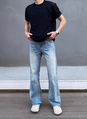 FOCABO美式水洗做旧猫须微喇517蓝牛仔裤男cleanfit百搭垂感长裤