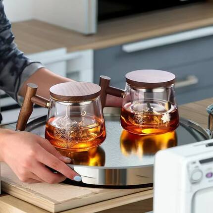 高硼硅玻璃木把三件杯耐热茶水分离泡茶杯带盖观山一叶菩提