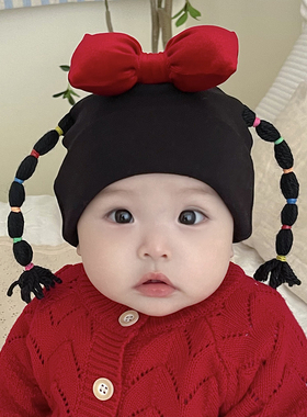 婴儿帽子可爱小辫子羊绒棉加厚保暖男女宝宝新生儿护囟门胎帽秋冬