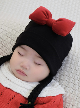 婴儿帽子小辫子新年红色小月龄新生儿百天周岁宝宝胎帽套头帽秋冬