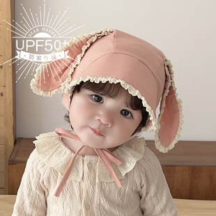 婴儿遮阳帽春夏季薄款亚麻可爱花边兔耳朵大檐防晒儿童女宝宝帽子