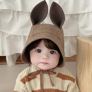 婴儿遮阳帽秋冬可爱松鼠羊毛呢保暖大檐防晒儿童男女宝宝护耳帽