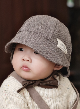婴儿帽子秋冬羊毛保暖防晒大檐小月龄男女宝宝盆帽毛呢儿童渔夫帽