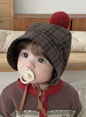婴儿帽子秋冬新年红色羊毛球大檐防晒护耳保暖儿童男女宝宝遮阳帽