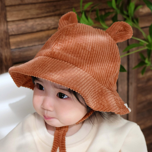 婴儿遮阳帽可爱小熊灯芯绒韩版 男女宝宝儿童渔夫帽盆帽秋冬