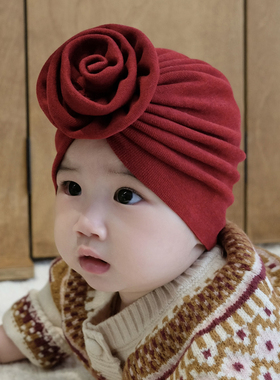婴儿帽子可爱花朵双貂针织加厚保暖儿童新生儿宝宝护囟门胎帽秋冬