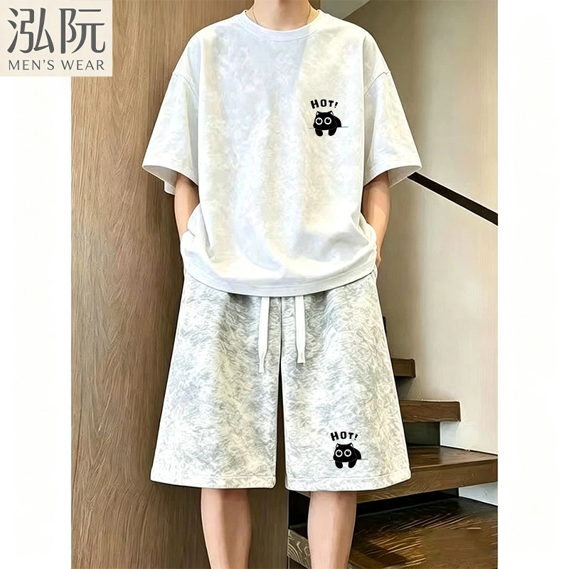男士夏季短袖T恤五分裤套装图片
