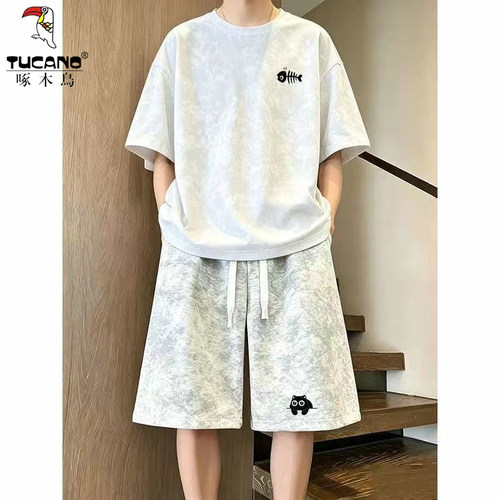 啄木鸟男士夏季扎染运动两件套