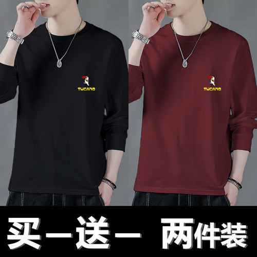 啄木鸟长袖T恤男春秋季新款纯棉男士圆领宽松秋衣潮流印花打底衫