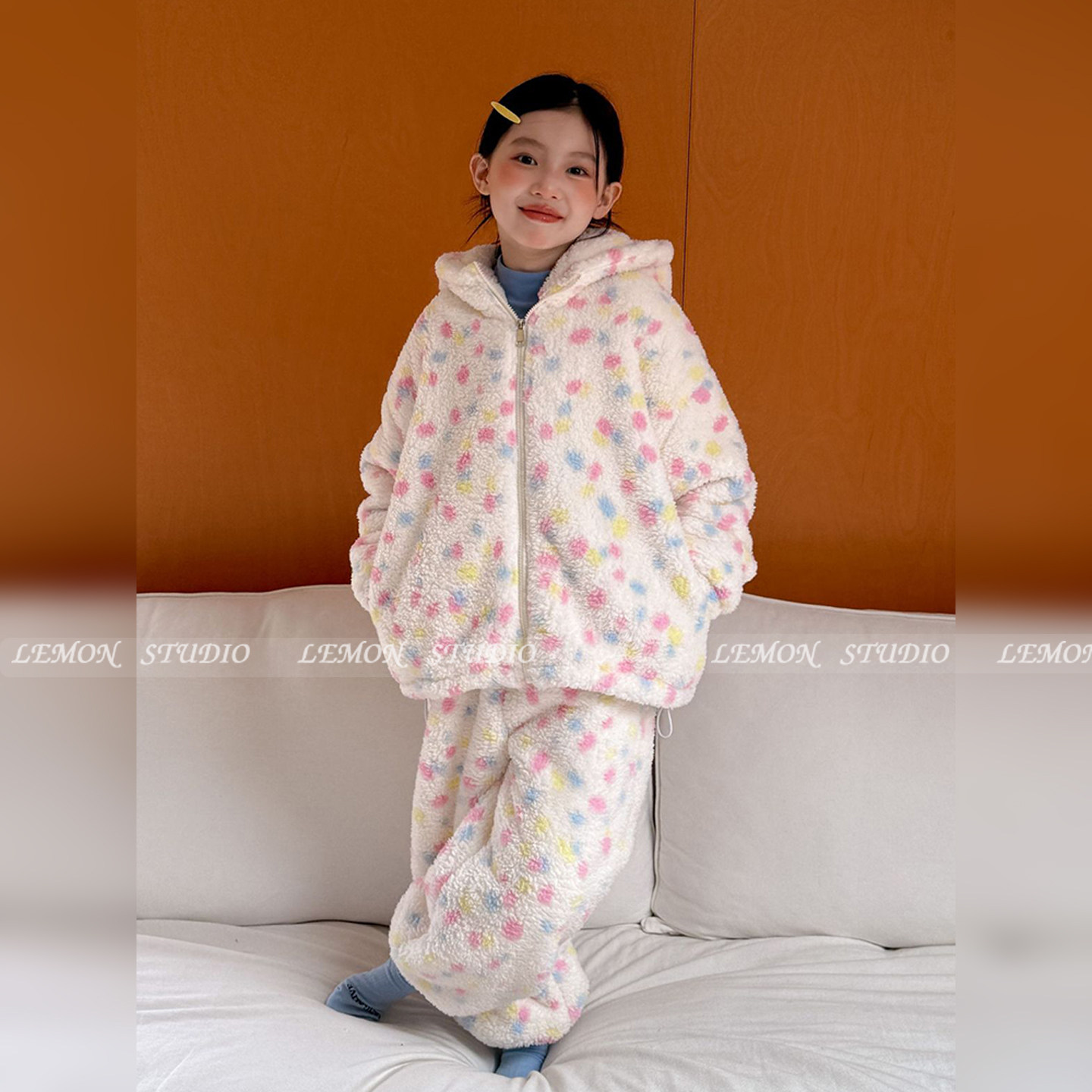 女童套装彩色波点毛毛衣两件套