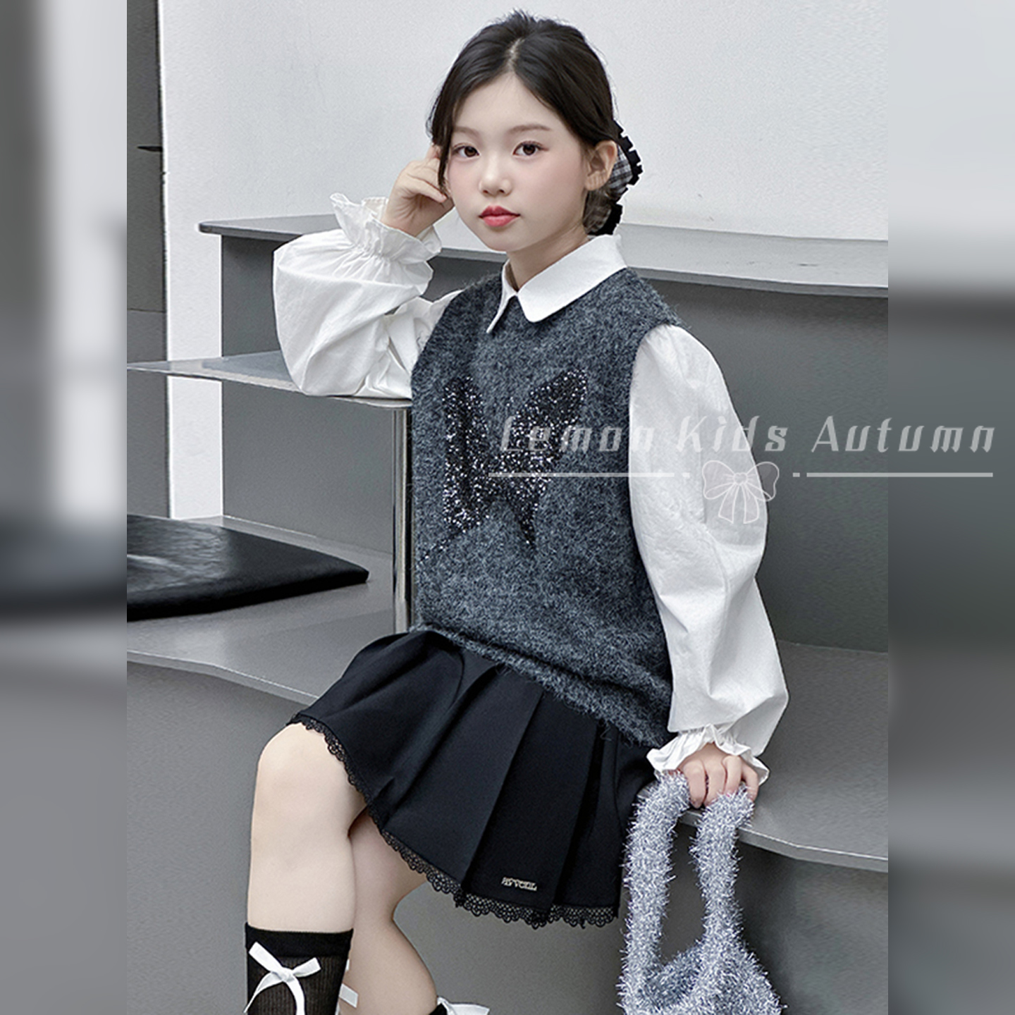女童学院风套装蝴蝶结毛衣马甲