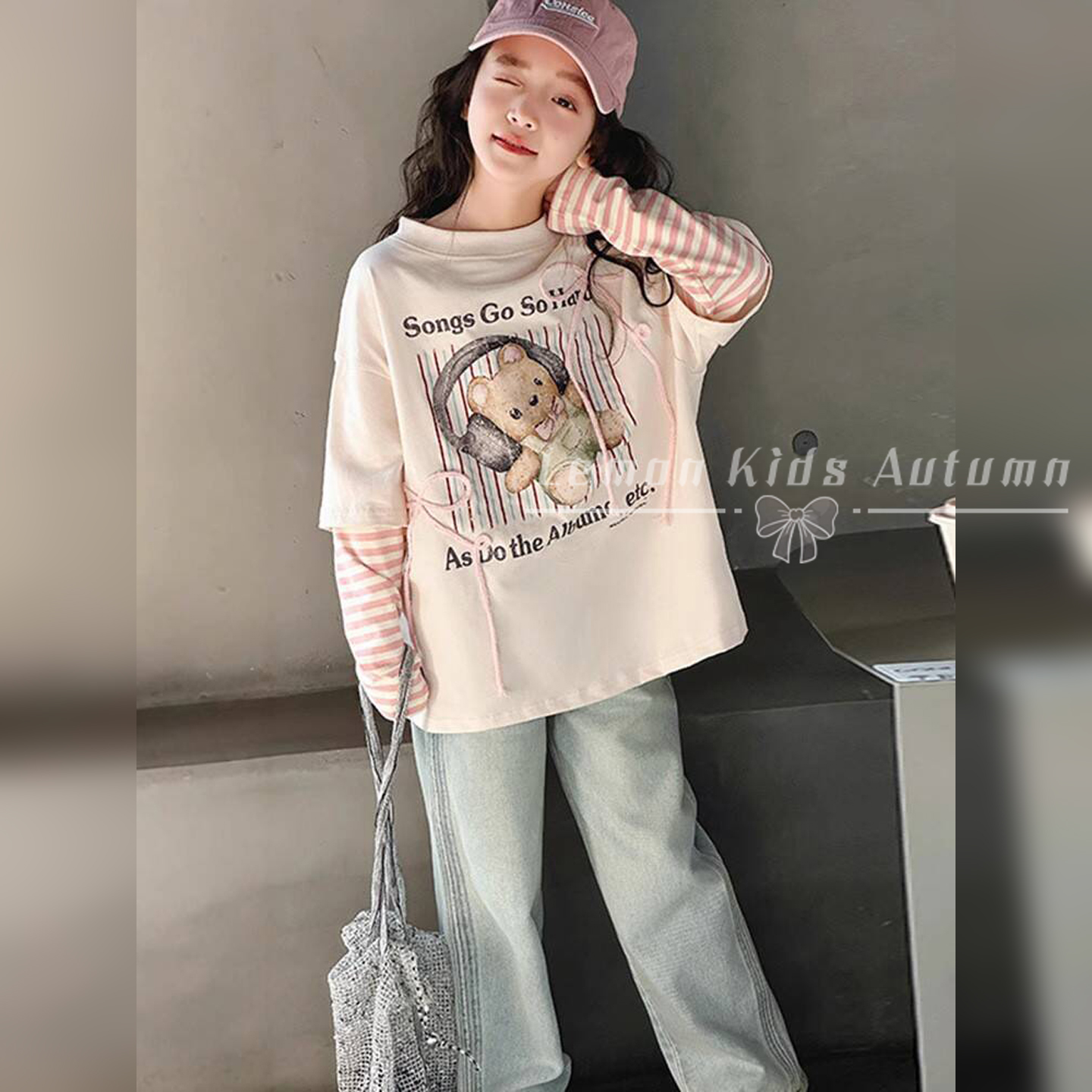 女童秋装长袖纯棉打底衫假两件