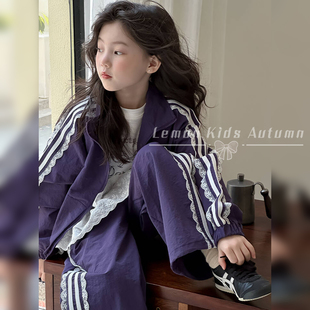 休闲运动儿童衣服秋装 2025新款 女孩条纹花边两件套 春秋季 女童套装