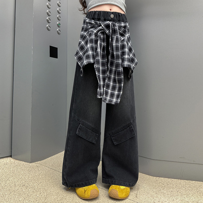 女童牛仔裤宽松直筒阔腿裤屁帘裤