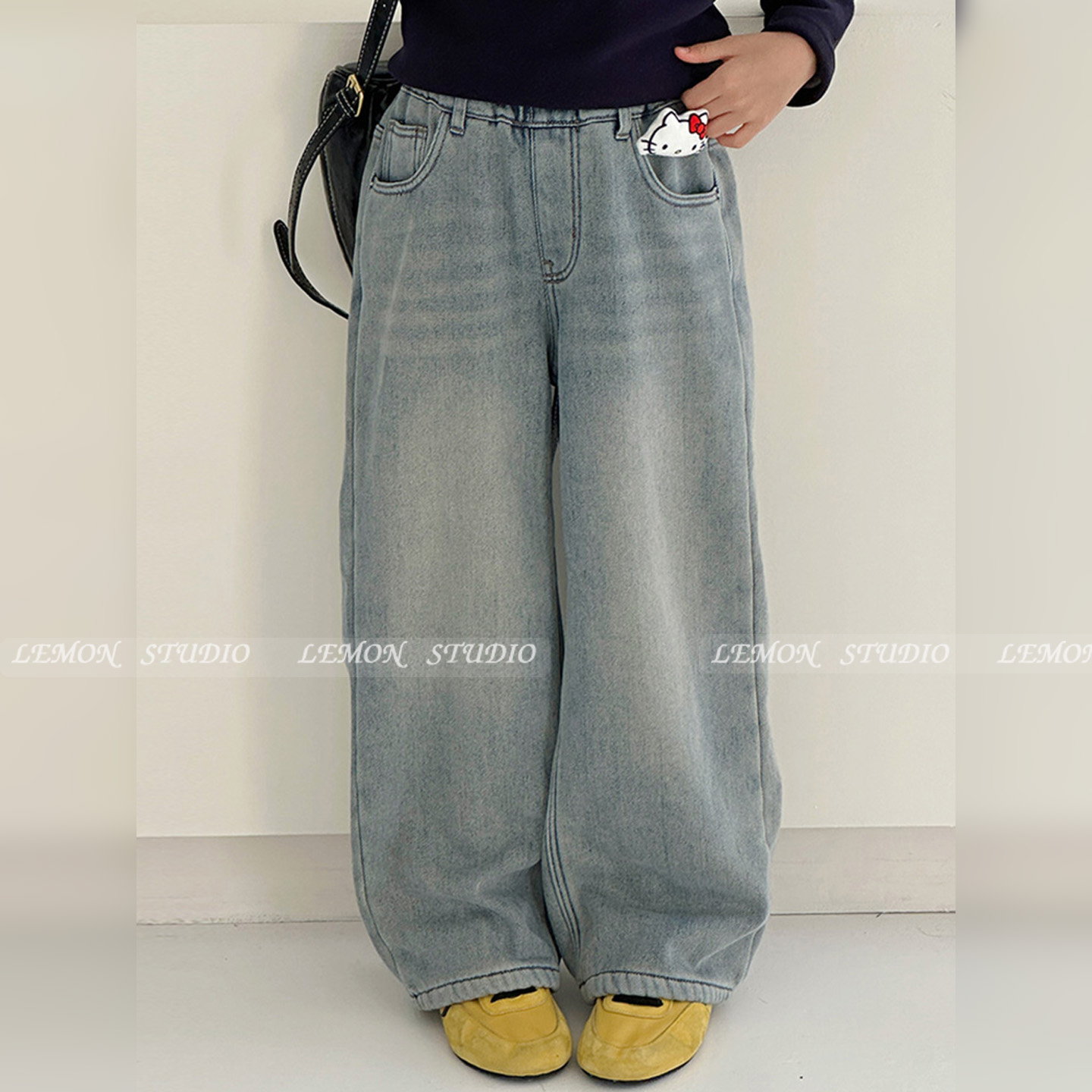 女童加绒牛仔裤一体绒阔腿长裤