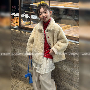 女童毛毛衣外套秋冬2026新款加绒皮毛一体儿童冬装加厚羊羔绒上衣