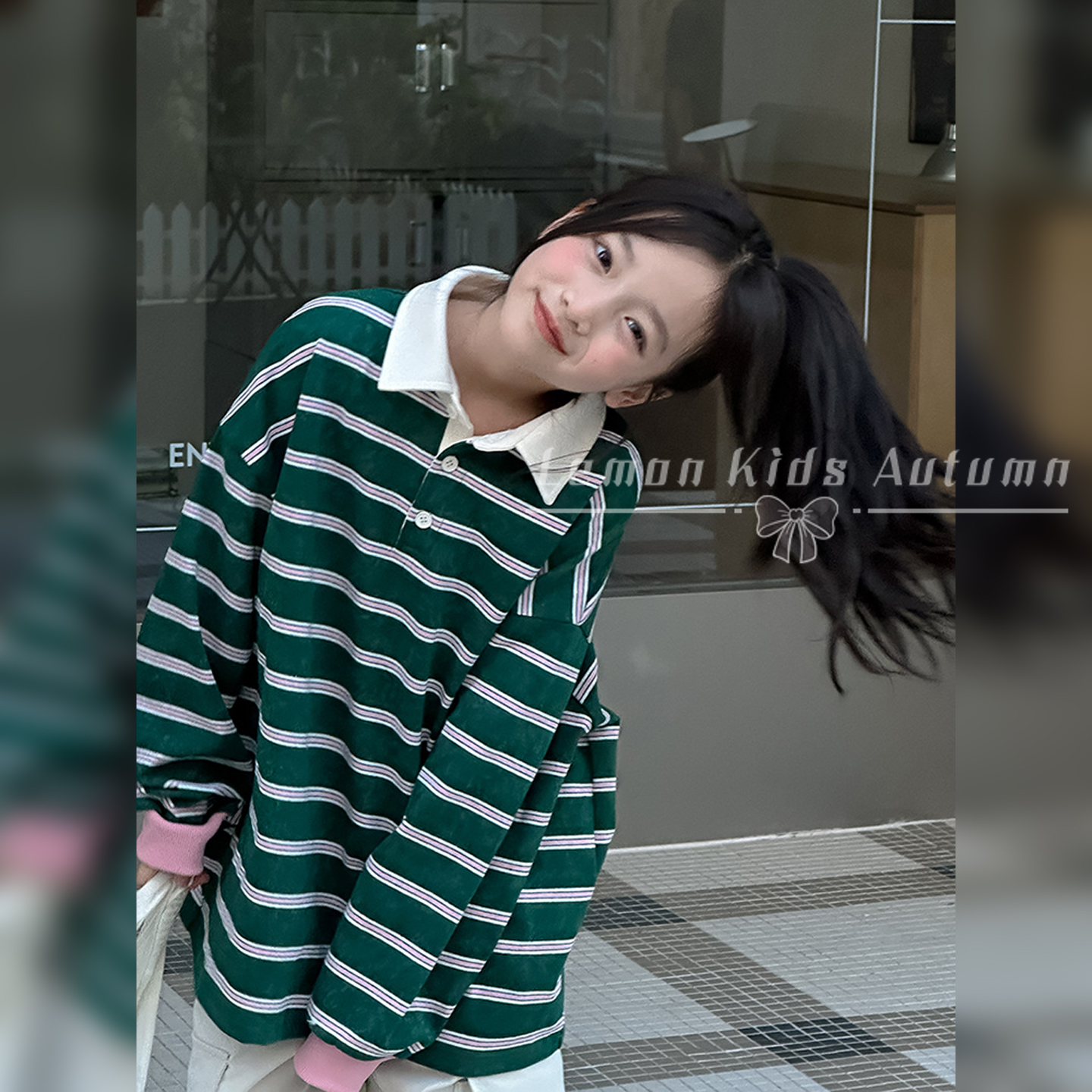 女童长袖T恤春秋季2025新款女孩复古绿色条纹polo衫上衣儿童秋装