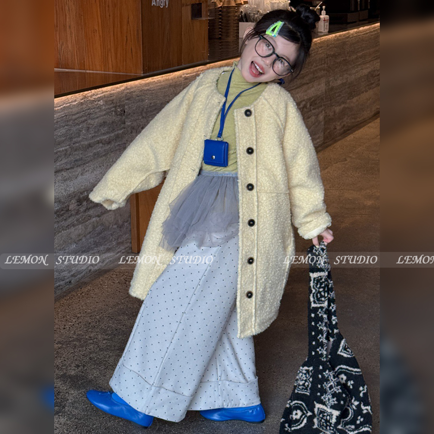 女童大衣中长款皮毛一体呢子外套