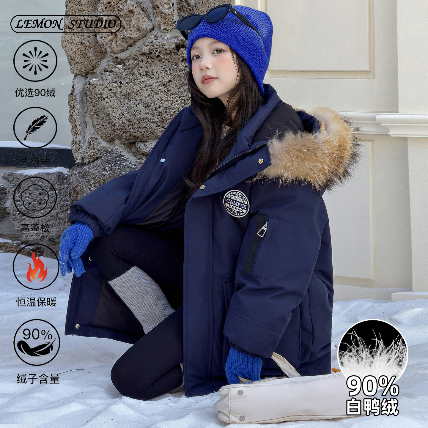 女童羽绒服加厚工装白鸭绒派克服