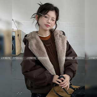 女童外套双面穿2026秋冬新款 棉服 女孩加厚连帽皮草毛毛衣儿童冬装