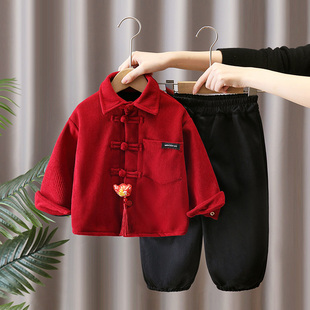 男童红色拜年服儿童衬衫套装秋冬装宝宝加绒保暖外套喜庆中式汉服