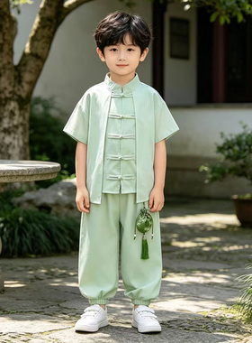 男童汉服套装夏季短袖2026新款儿童国学新中式绿色国风两件套薄款