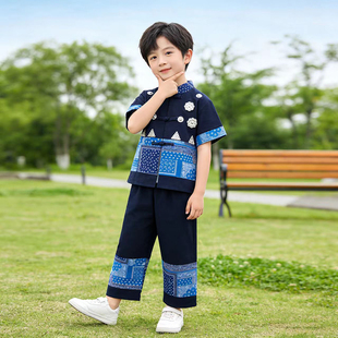 男童少数民族风汉服套装 儿童傣族苗族壮族服三月三舞蹈表演服 短袖