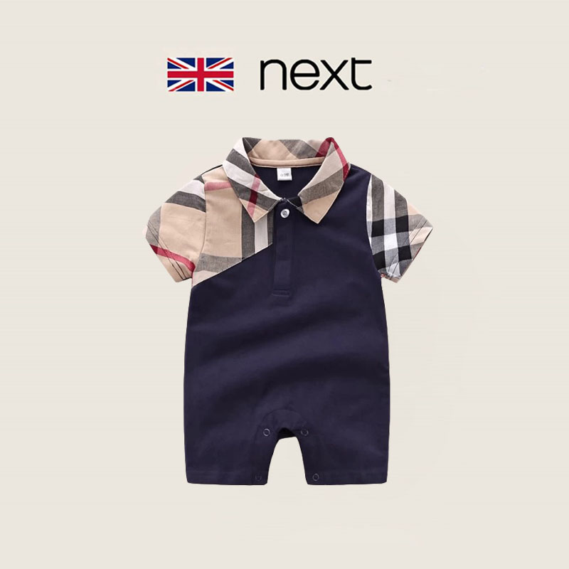 英国next男宝宝夏季纯棉格子条纹连体衣新生婴儿外出透气时尚爬服