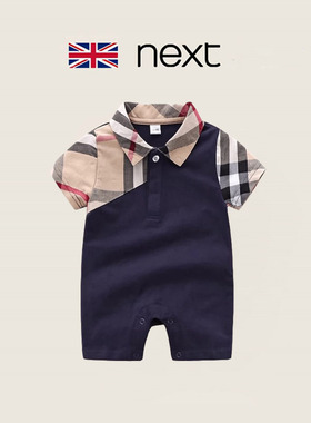 英国next男宝宝夏季纯棉格子条纹连体衣新生婴儿外出透气时尚爬服