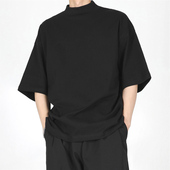 山本风半高领t恤男暗黑禁欲系宽松落肩五分短袖 冰丝棉凉感半袖 tee